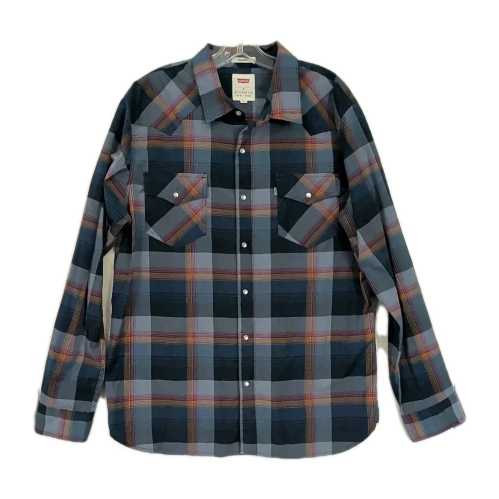 Levi Pearl Snap‎ Long Sleeve Shirt Mens XL Blue Plaid Western Rodeo Landman